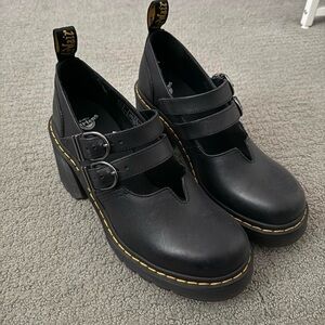 Dr. Martens Black Double-Buckle Mary Jane Platform Booties with Yellow Stitching